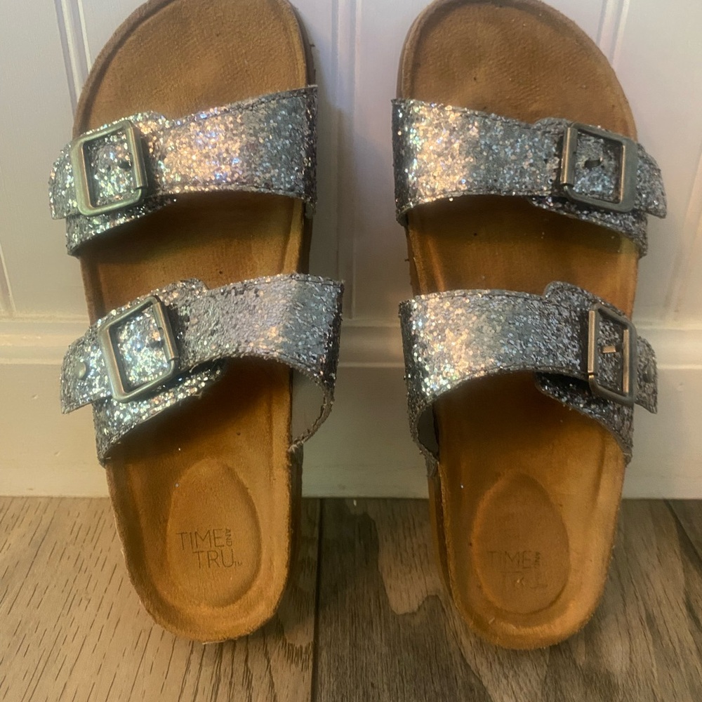 New Birkenstock-like Womens Glitter Sandals - Silver sparkle